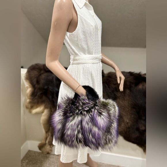 3 Tone Color Gradient Stunning Dyed Real Fox Fur With Mink Fur Handle Satchel - Picture 4 of 16